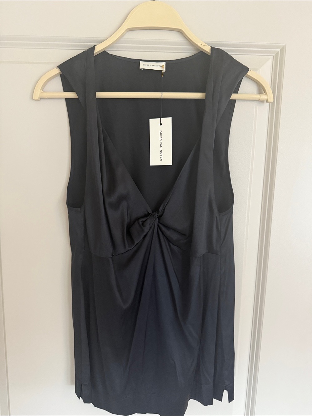 Dries Van Noten Black Satin Twist-Front Tank